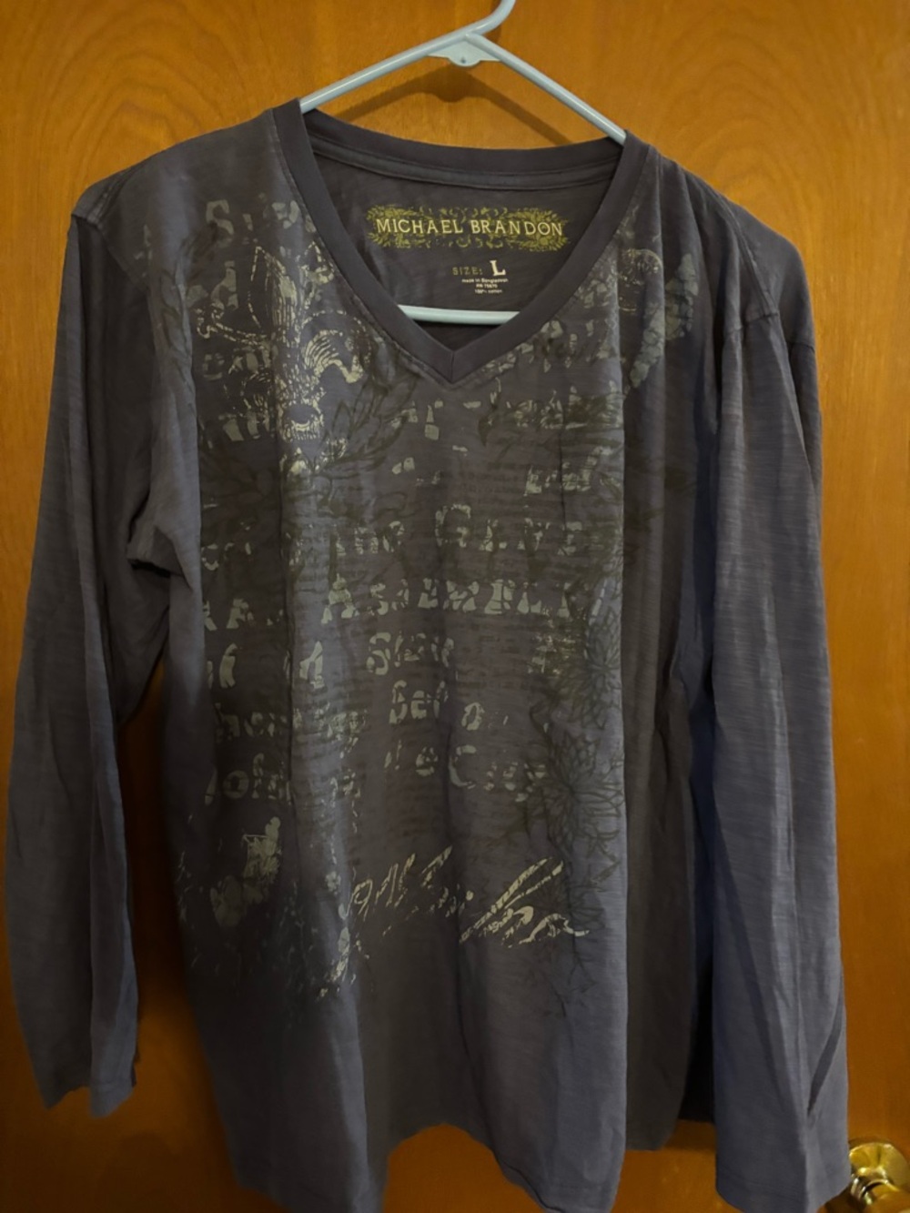 Michael Brandon Long Sleeve V-Neck Graphic Tee in Charcoal with Metallic Print.